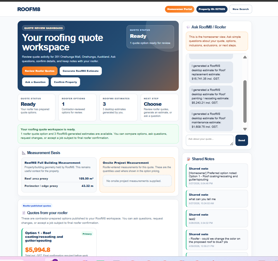 RoofM8 homeowner portal showing quote workspace and shared notes