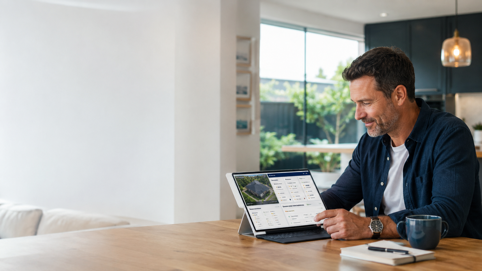 Homeowner reviewing a roof quote and property report on a tablet