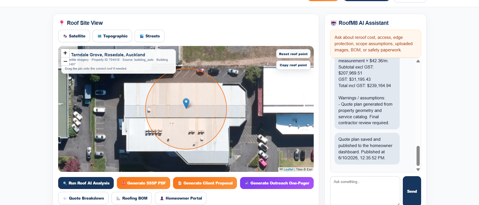 RoofM8 Auckland roofer workspace with aerial roof viewer and reporting tools